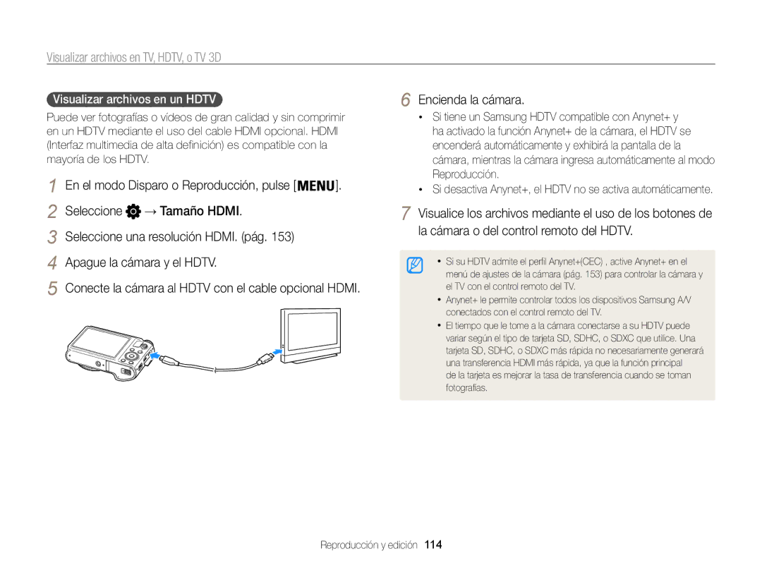 Samsung EC-WB850FBPBTW, EC-WB850FBPBE1 manual Visualizar archivos en TV, HDTV, o TV 3D, Visualizar archivos en un HDTV  